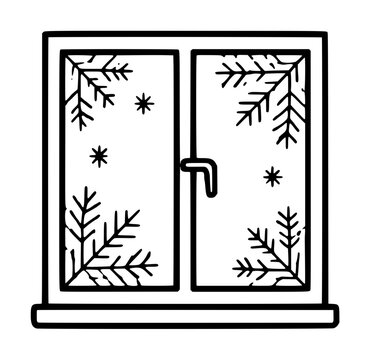 Frosted double window with delicate snowflake and icy branch line art, monochrome hand-drawn winter vector icon outline for seasonal design and holiday decor