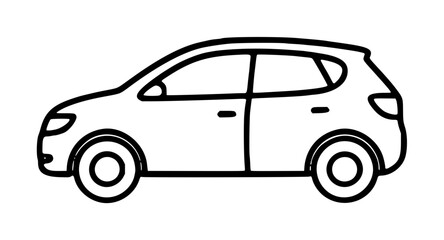 Naklejka premium Hand-drawn vector line illustration of a compact hatchback car side view with four wheels, doors, and windows, monochrome outline icon
