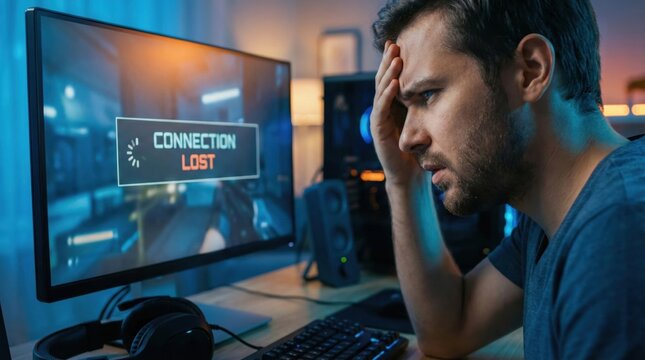 Frustrated gamer experiencing connection lost error while playing video game on PC