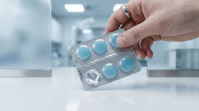 Hand holding a blister pack of blue medicinal lozenges in a pharmacy or clinic setting
