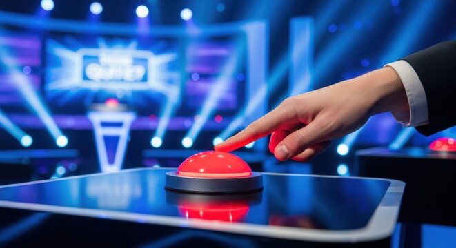 Hand pressing a glowing red buzzer on a television game show stage