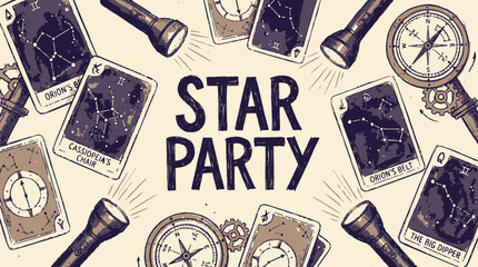 Illustration featuring the text STAR PARTY surrounded by constellation cards compasses and flashlights © Fauzan Adzima