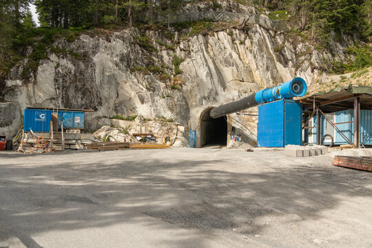 07 July 2026, Handeck, Switzerland. Tunnel portal and temporary ventilation system during pressure shaft rehabilitation at Kraftwerk Handeck hydroelectric power plant