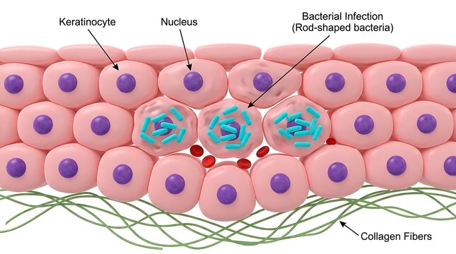 Scientific diagram of skin cells keratinocytes and rod shaped bacteria infection