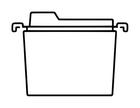 Hanging file folder vector icon illustration, minimalist black outline of a tabbed suspension file with side hangers for office document storage and organization
