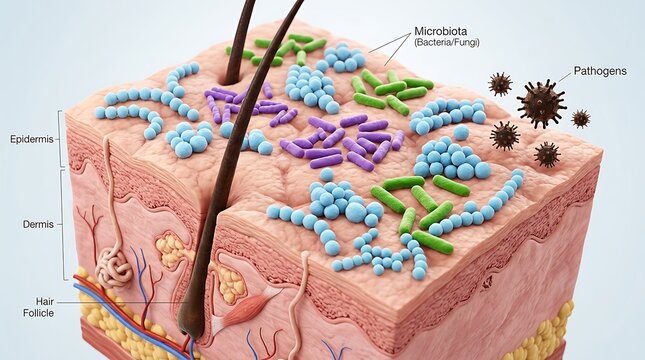 Anatomical diagram of human skin layers hair follicle and bacterial infection