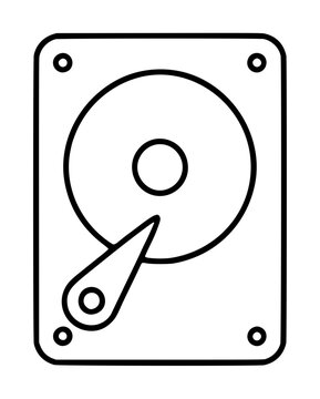 Hand-drawn hard drive vector icon featuring internal disk platter, actuator arm, and spindle, perfect for technology, data storage, and computer hardware illustrations, minimalist line art design