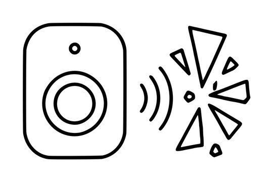 Hand drawn vector illustration of a glass break sensor device emitting alarm sound waves toward shattered window fragments, security alarm system concept, line art style icon