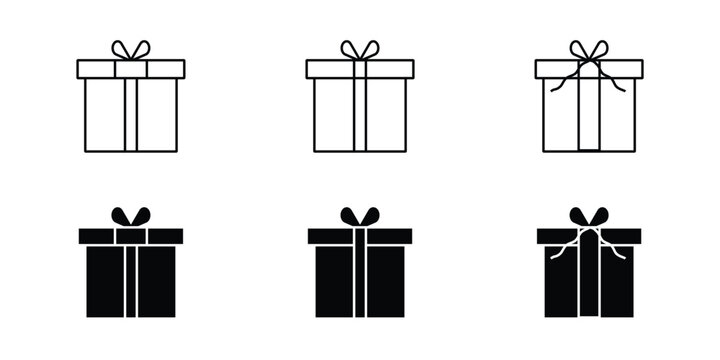  Set of simple gift box icons with ribbons in outline and solid black styles.