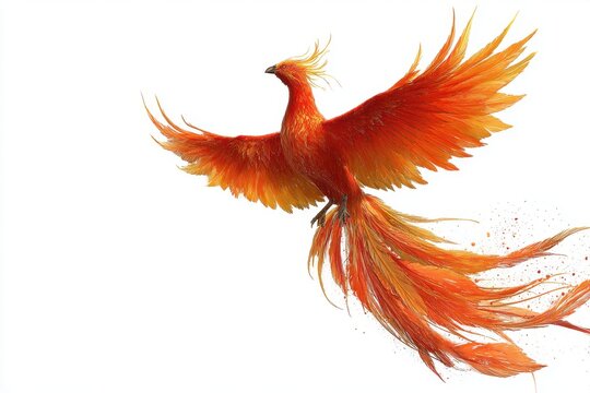Elegant Phoenix Bird with Flaming Feathers Rising Illustration