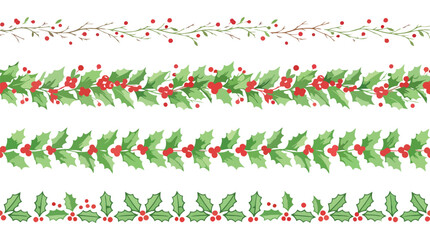 Set of four christmas holly berry borders, festive winter holiday dividers, decorative garland elements ©  VectorCrazeStock