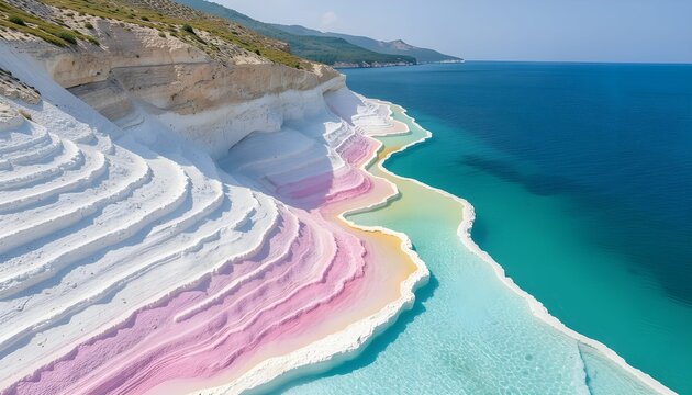 A breathtaking coastal landscape featuring white and pastel pink mineral travertine terraces cascading into turquoise, crystal-clear sea water under a bright blue sky.
