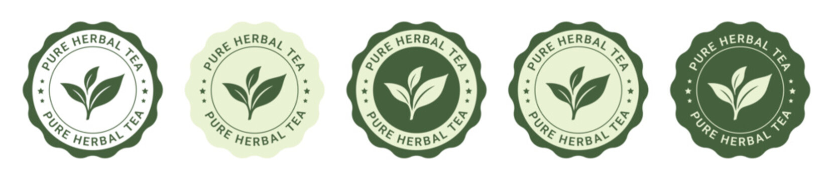 Vintage Pure Herbal Tea Seal Badge Collection with Botanical Leaf Icon for Organic Tea Packaging Labels
