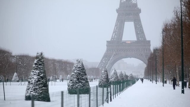 Scenic view of the Eiffel Tower in Paris during heavy winter snowfall, evoking a festive and serene holiday mood