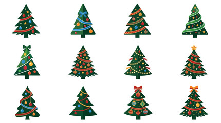Obraz premium Collection of Decorative Christmas Trees with Colorful Ornaments and Garlands for Seasonal Holiday Greeting Card Design Elements