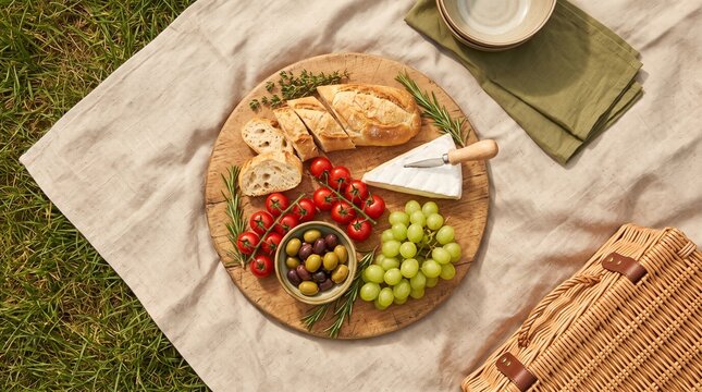 Countryside appetizer picnic flat lay, bread board with cheese tomatoes olives grapes herbs and basket on meadow blanket without people