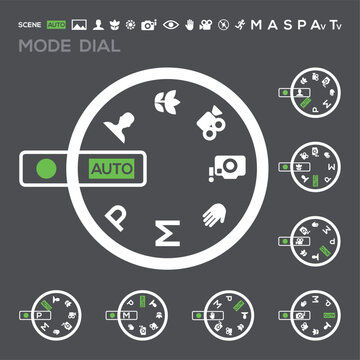 Camera mode dial icons set. Digital photography settings and shooting mode symbols.
