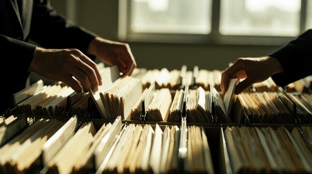 Business people sort paper documents in office filing cabinets. Hands search for records, files inside storage drawers. Employees organize confidential data paperwork in folders at workplace.