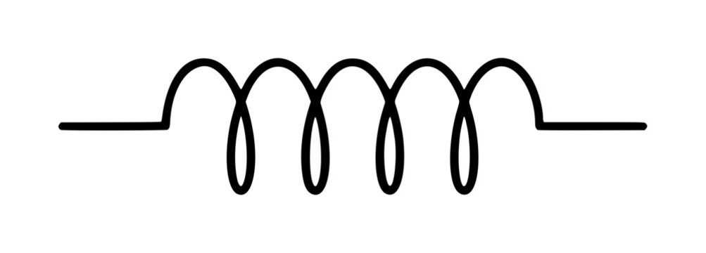 Hand traced black vector icon illustration of a classic electromagnetic inductor coil with looping wire turns on a horizontal lead, symbol of passive electronic component for circuit diagrams