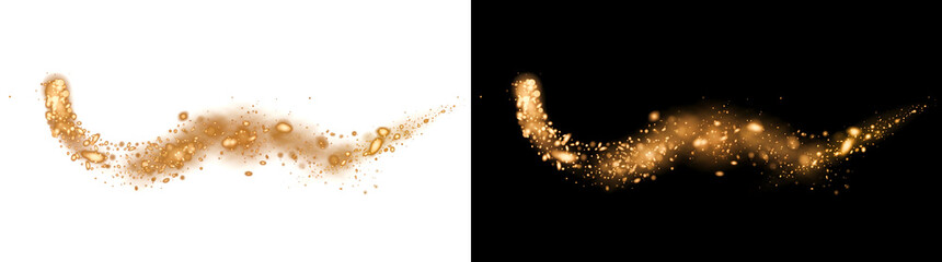 Golden magic dust trail flowing in a curved glowing path for design in PNG, Transparent and Black Background Versions © Crafter