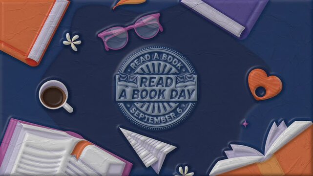 Read a book day background animation with books, coffee cup, glasses, and paper plane in paper cut style