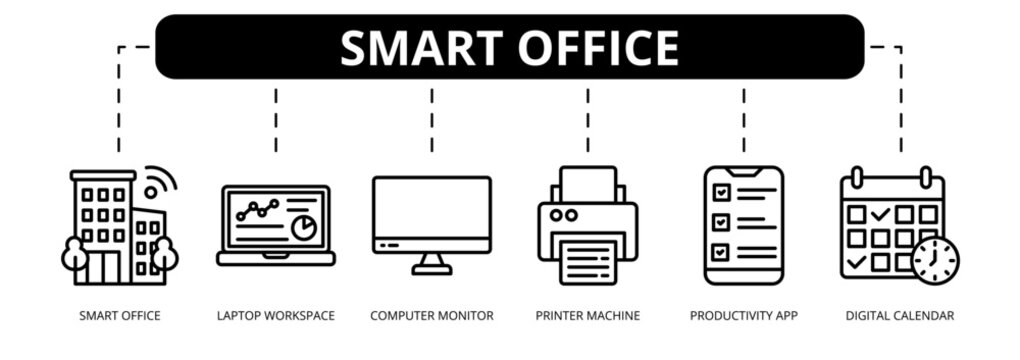 Smart Office web banner icon vector illustration concept with icons of smart office, laptop workspace, computer monitor, printer machine, productivity app, and digital calendar.