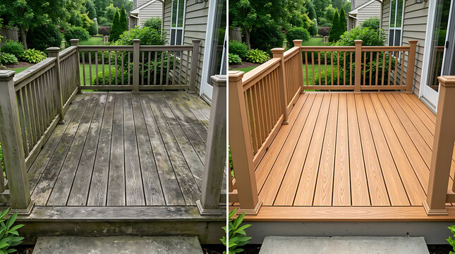 before and after wood deck restoration showcasing weathered and newly refinished surfaces improving outdoor aesthetics