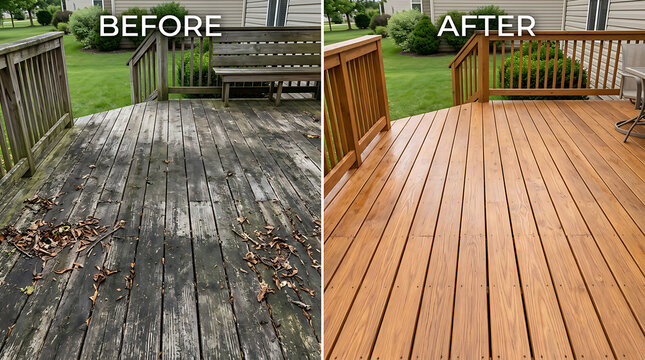 Transformation of weathered outdoor wooden deck into a polished new surface showcasing repair and restoration work in a
