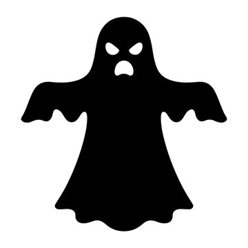A simple black silhouette of a spooky ghost character isolated on a plain white background