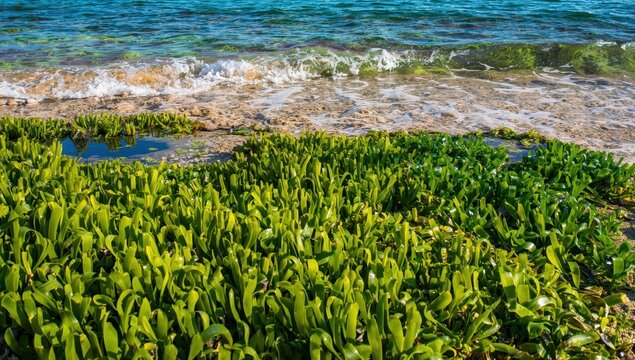 Natural green seaweed texture along the shore, creating a lively marine backdrop.