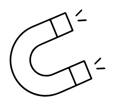 Hand-drawn horseshoe magnet vector icon illustration with magnetic field lines, black outline sketch style for science and physics educational graphics
