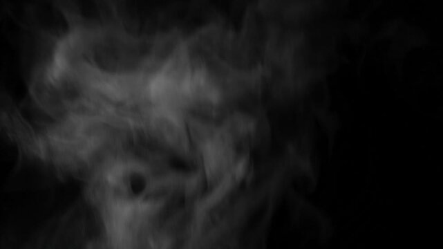 Abstract white steam or smoke rising against black background in static shot
