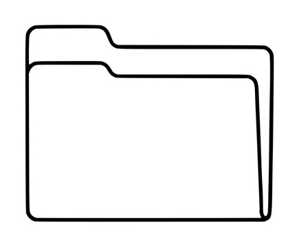 Manila folder icon vector illustration, simple hand drawn outline of a classic office file folder with tab, hand sketched minimalist black line drawing on white background, retro stationery design