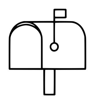 Minimalist black line mailbox vector icon illustration, hand-traced outline design featuring an open side compartment, raised signal flag, and sturdy wooden post on a clean white background