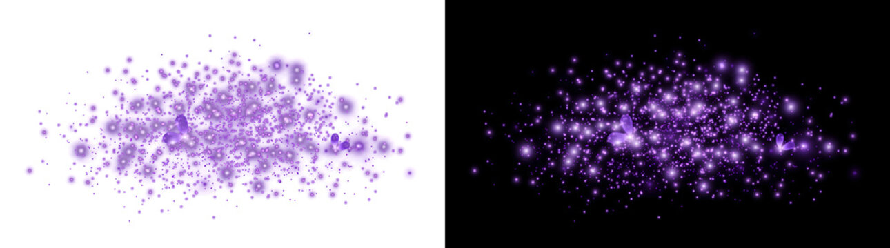 Purple glitter sparkle cloud filled with tiny glowing butterflies and dust particles for design in PNG, Transparent and Black Background Versions