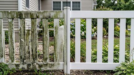 Fototapeta premium Contrasting garden fences showcasing weathered aged wood versus clean modern design with lush greenery background