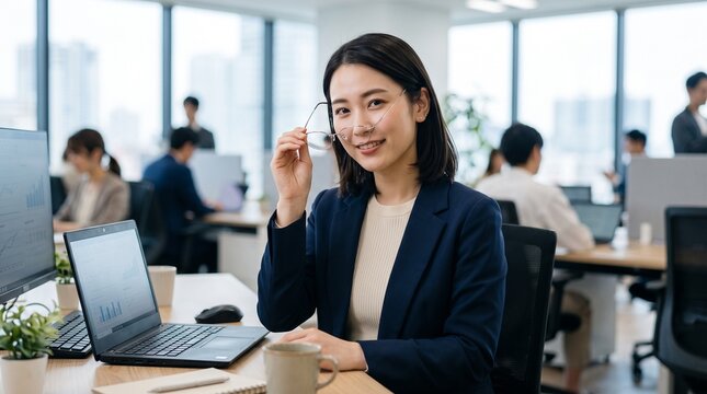 ノートパソコンが置かれた自席に座り、細いフレームのメガネを外そうとしている20代日本人女性社員のクローズアップ