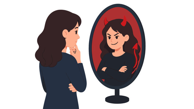 Woman looking into mirror with devil reflection illustration