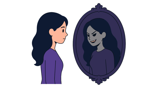Woman facing a dark reflection in an oval mirror vector illustration