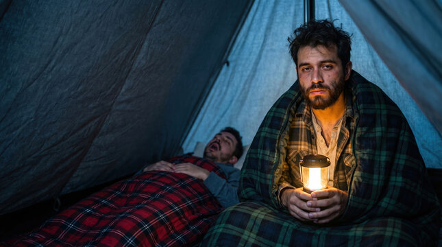 Tired man holding lantern looks at camera while partner is snoring in tent. Sleep deprivation caused by camping companion. Stress from loud noise and lack of sleep during trip.