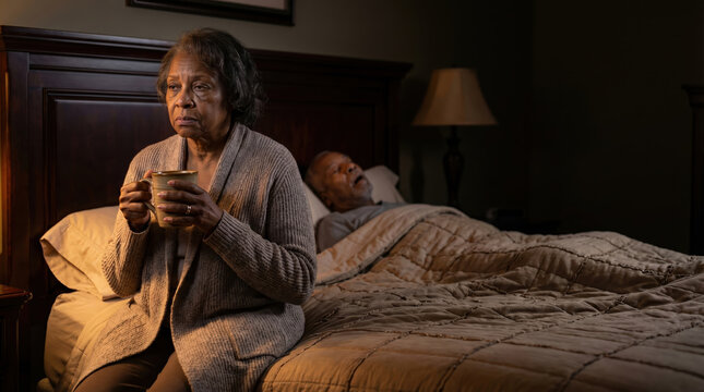 African American woman sitting on bedside holding mug while husband sleeping and snoring in back. Tired wife suffering from insomnia. Relationship stress due to loud nighttime noise.