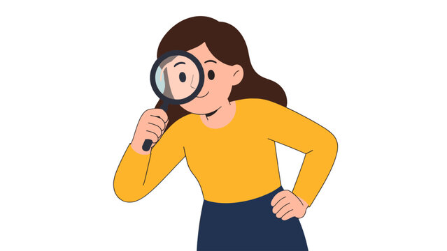 Woman looking through magnifying glass flat vector illustration
