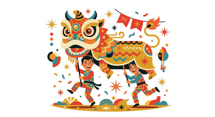 Naklejka premium Children Dancing Lion Dragon Festival Celebration