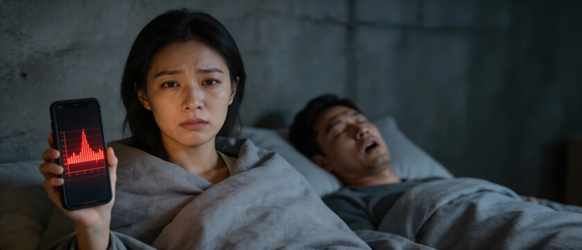 Woman showing smartphone with snoring analysis chart while man sleeps nearby. Tired girl tracking partner nocturnal respiration and sound intensity. Medical health monitoring application.
