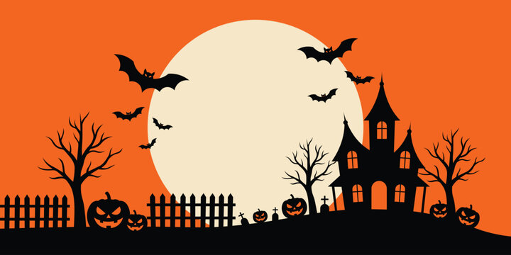 Halloween Haunted House Silhouette Background with Full Moon, Flying Bats, Pumpkins and Spooky Trees Vector Illustration