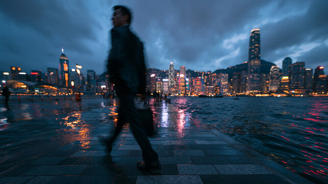 Businessman Walking Through Illuminated City at Dusk