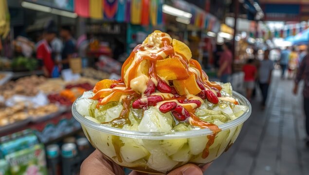 Cendol, a Malaysian treat, consists of crushed ice along with various sweets and fruits.