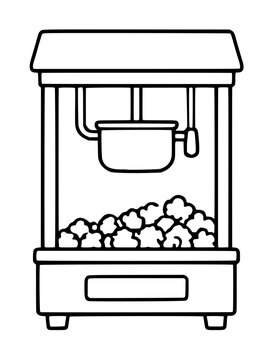 Hand-drawn line art popcorn machine vector icon illustration in black outline with kettle, glass chamber, and fluffy popped kernels on white background for cinema and snack designs
