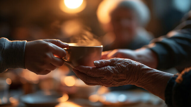 Elderly Person Receiving Cup from Young Caregiver at Sunset