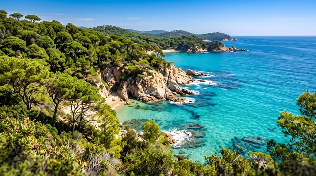 Mediterranean rocky coastline. Crystal clear turquoise sea. Scenic coastal landscape. Travel destination photography